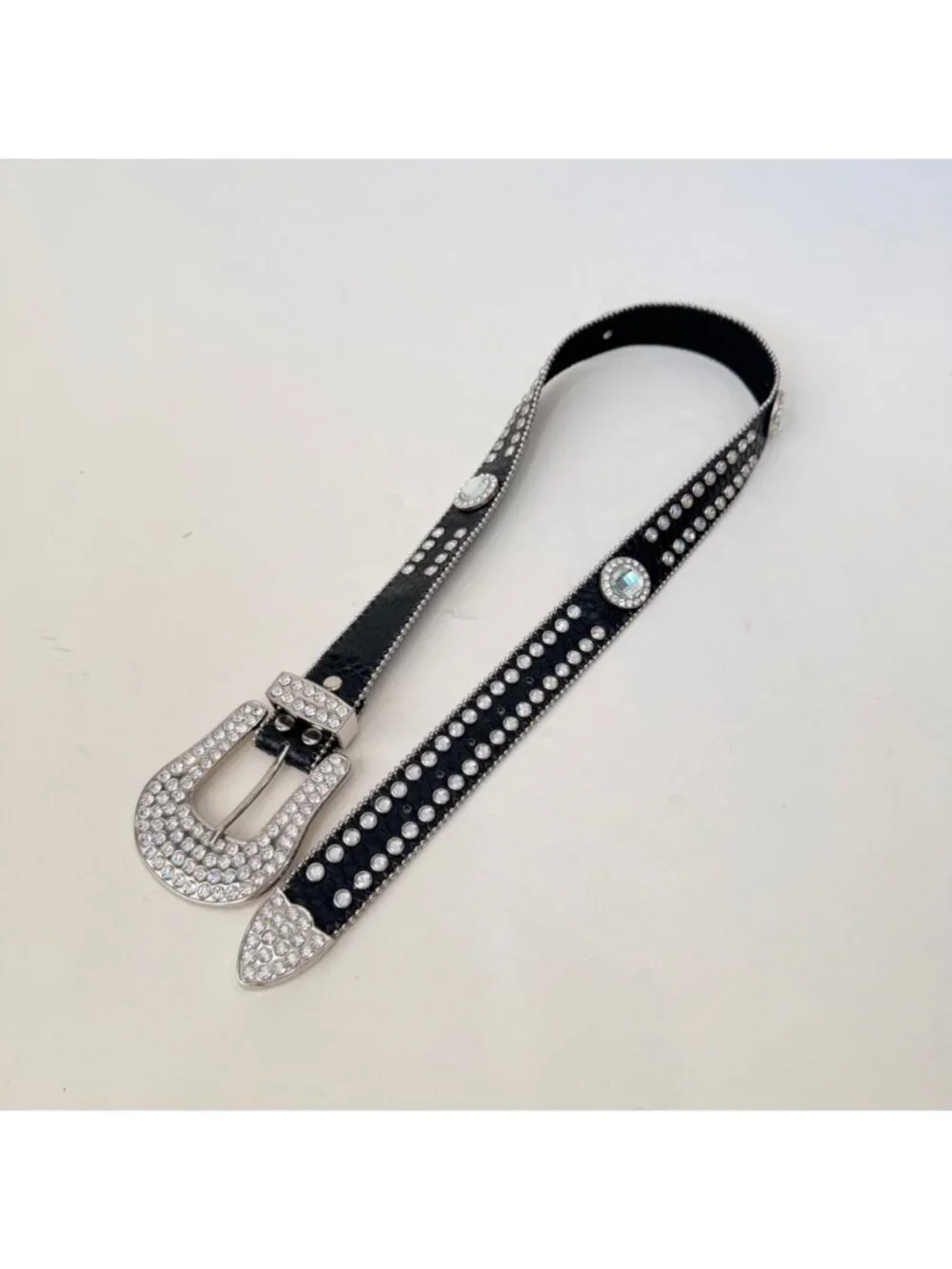 Y2K Western Leather Rhinestone Studded Belt Black Bling Horseshoe Buckle Boho Ro